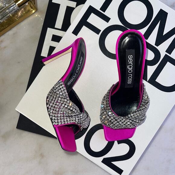 Sergio Rossi 95mm Tyra Embellished Satin Mules in Fuchsia - Picture 3 of 10